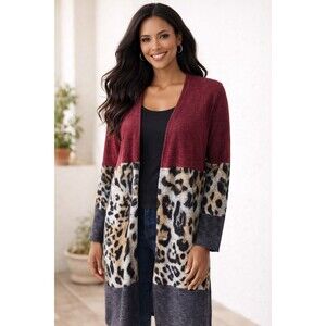 Jodifl Women's‎ Color Block Leopard Print Open Duster Cardigan Burgundy Gray S